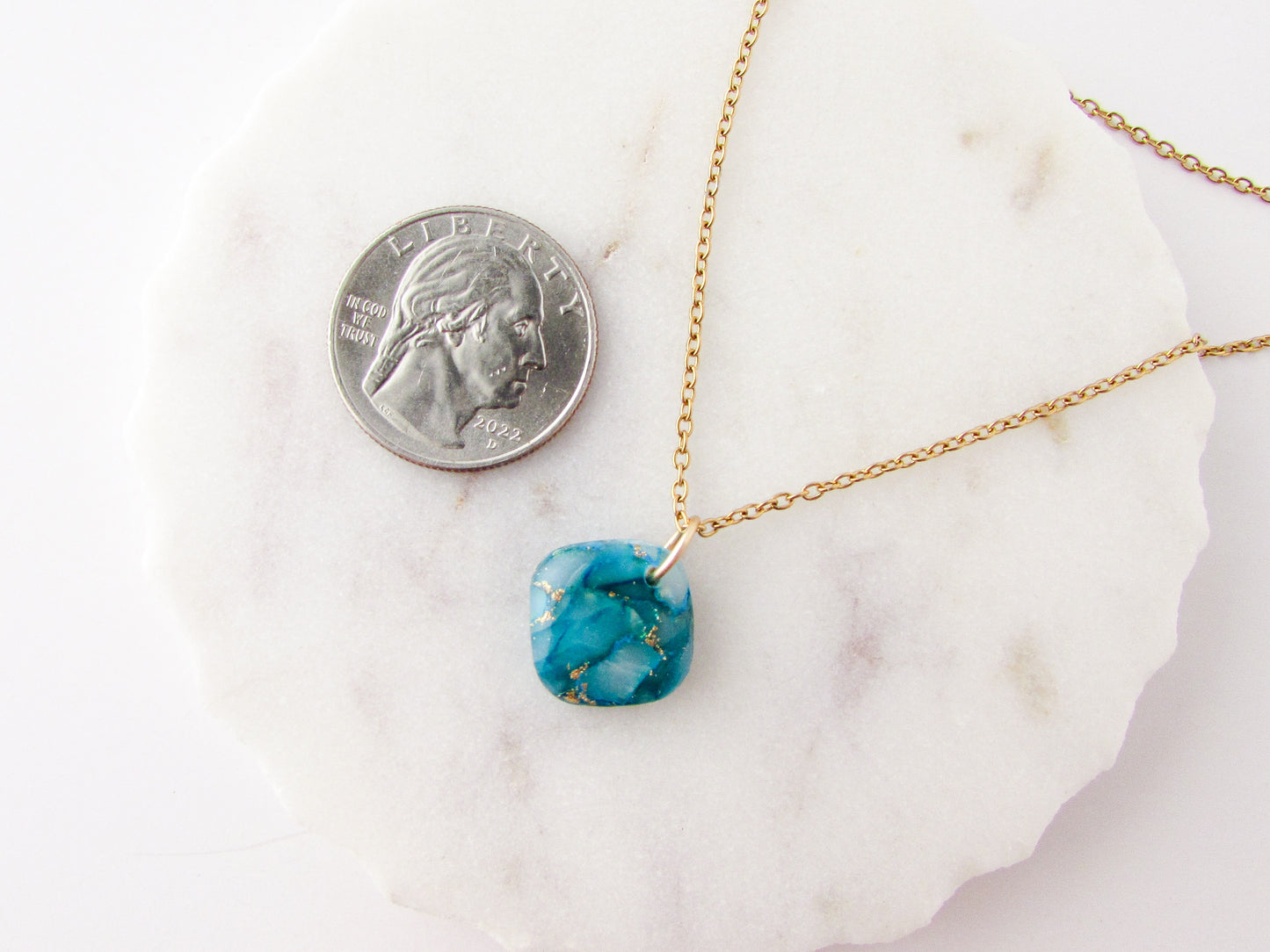 Minimalist Square Pendant - Aqua Blue Quartz Clay Necklace