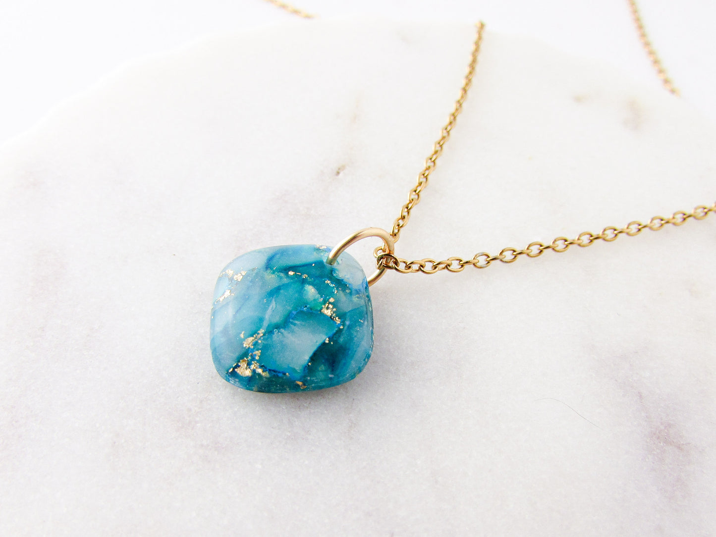 Minimalist Square Pendant - Aqua Blue Quartz Clay Necklace