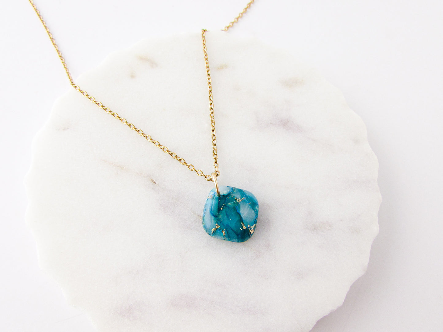 Minimalist Square Pendant - Aqua Blue Quartz Clay Necklace