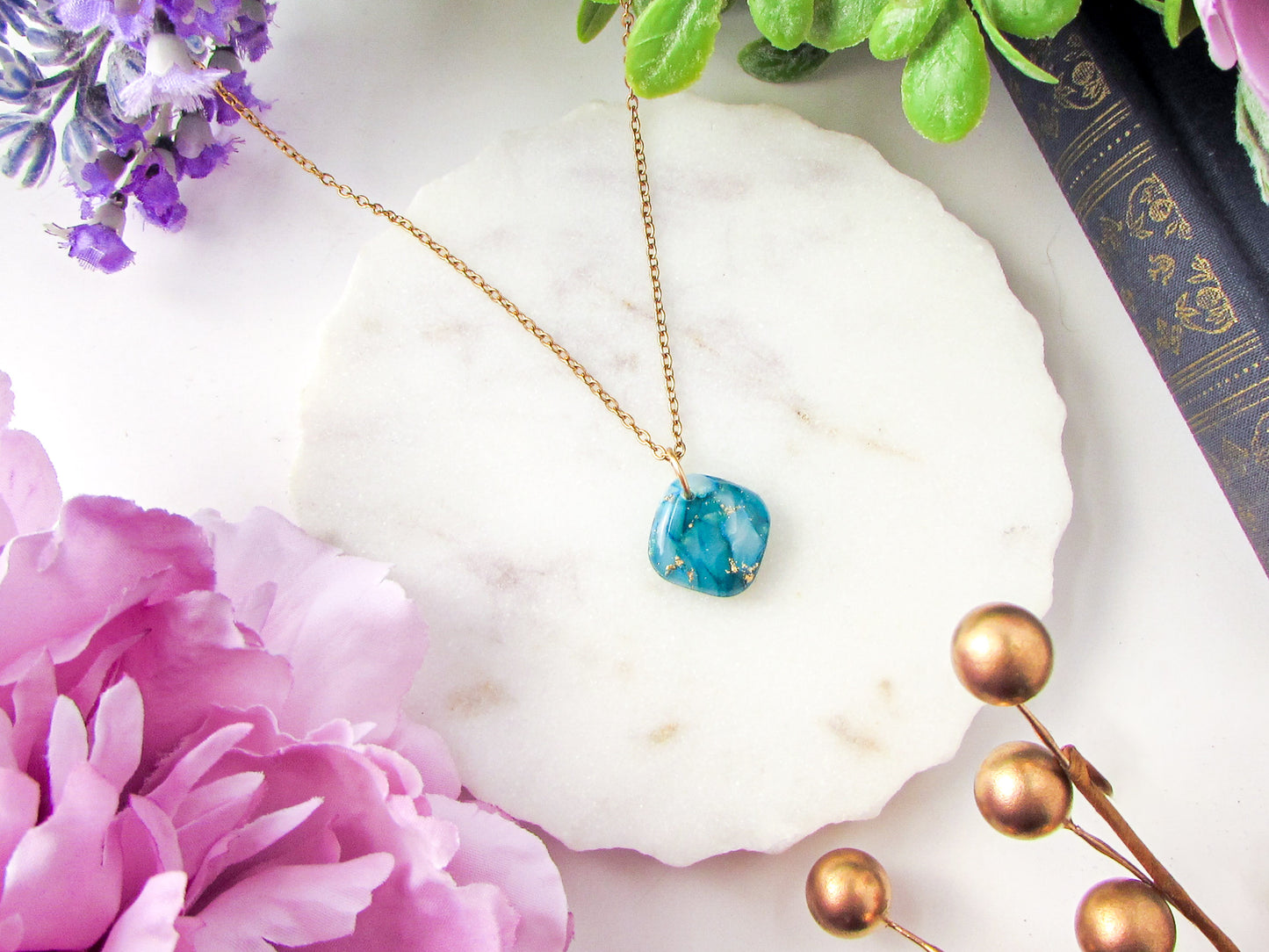 Minimalist Square Pendant - Aqua Blue Quartz Clay Necklace