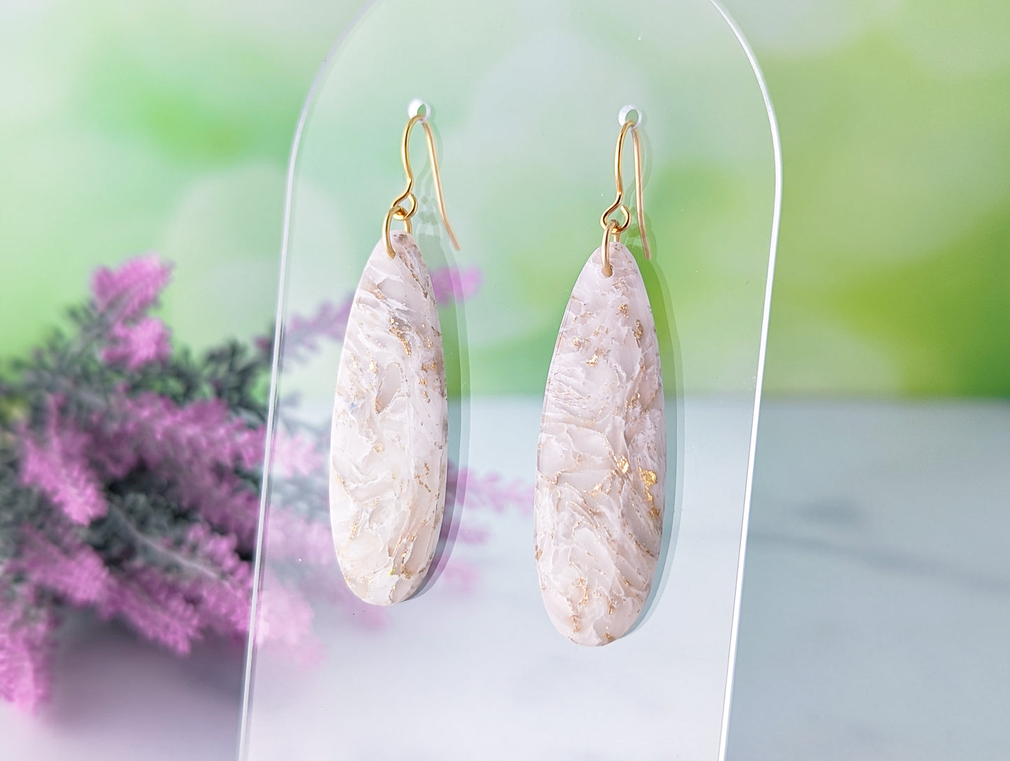 Simple Oval Dangles - White & Ivory Marble Swirl Polymer Clay Earrings