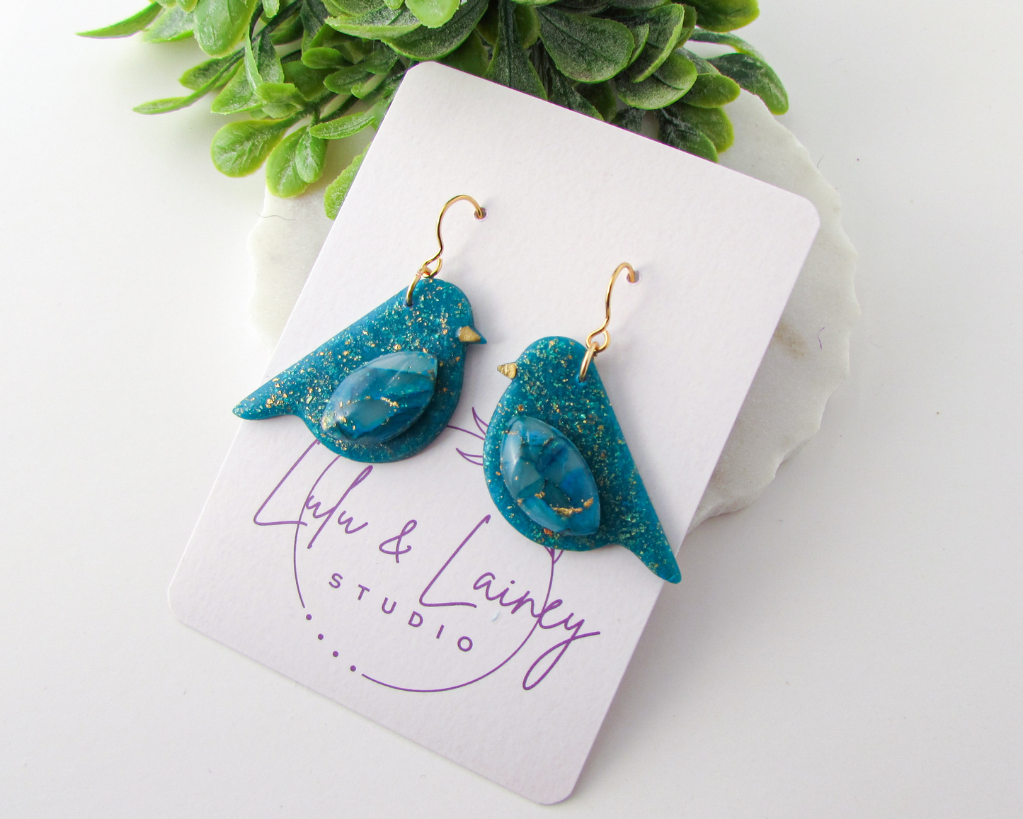 Song Birds - Aqua Blue Quartz and Shimmer Polymer Clay Earrings