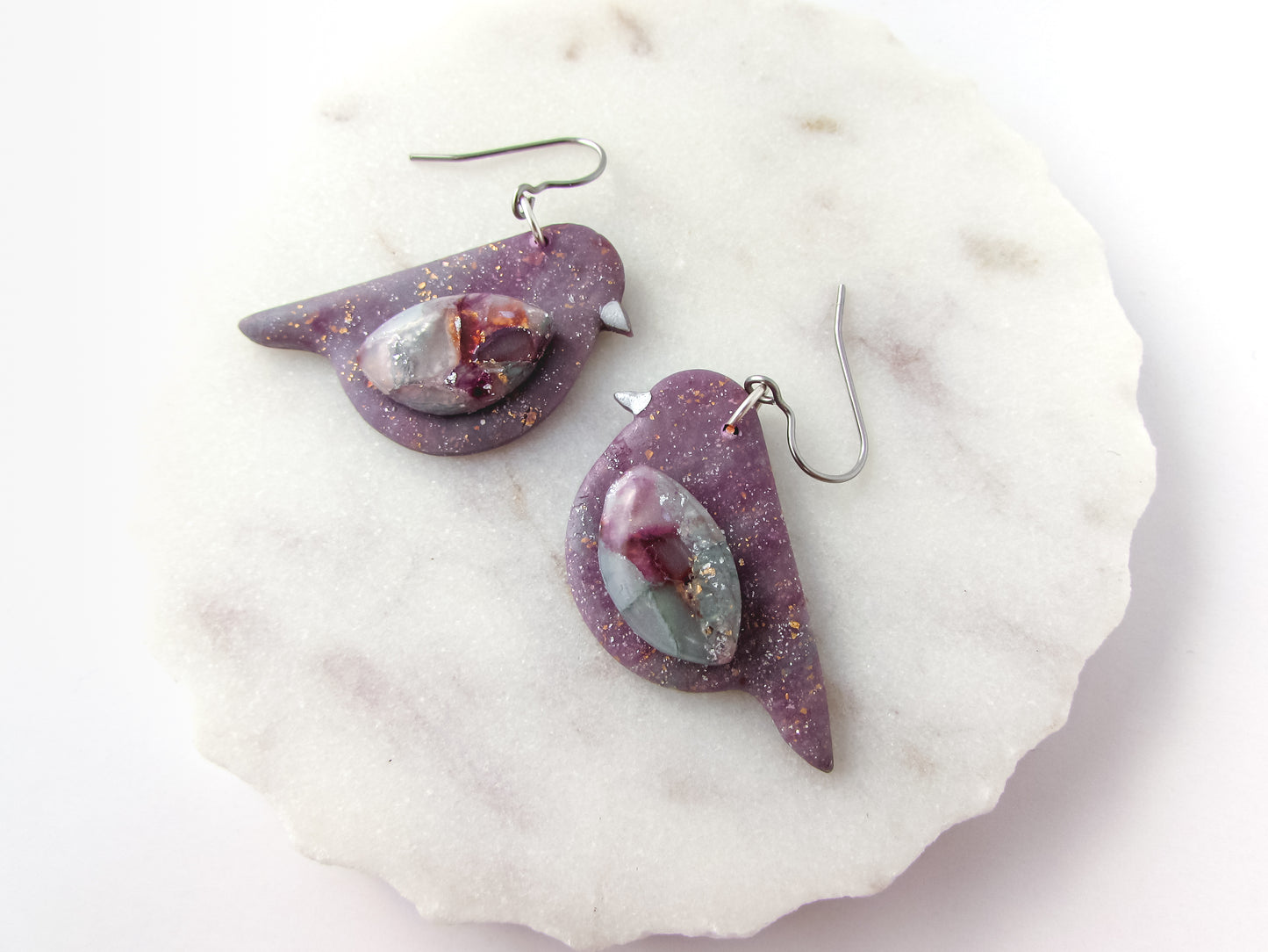 Song Birds - April Lilac Quartz and Shimmer Polymer Clay Earrings