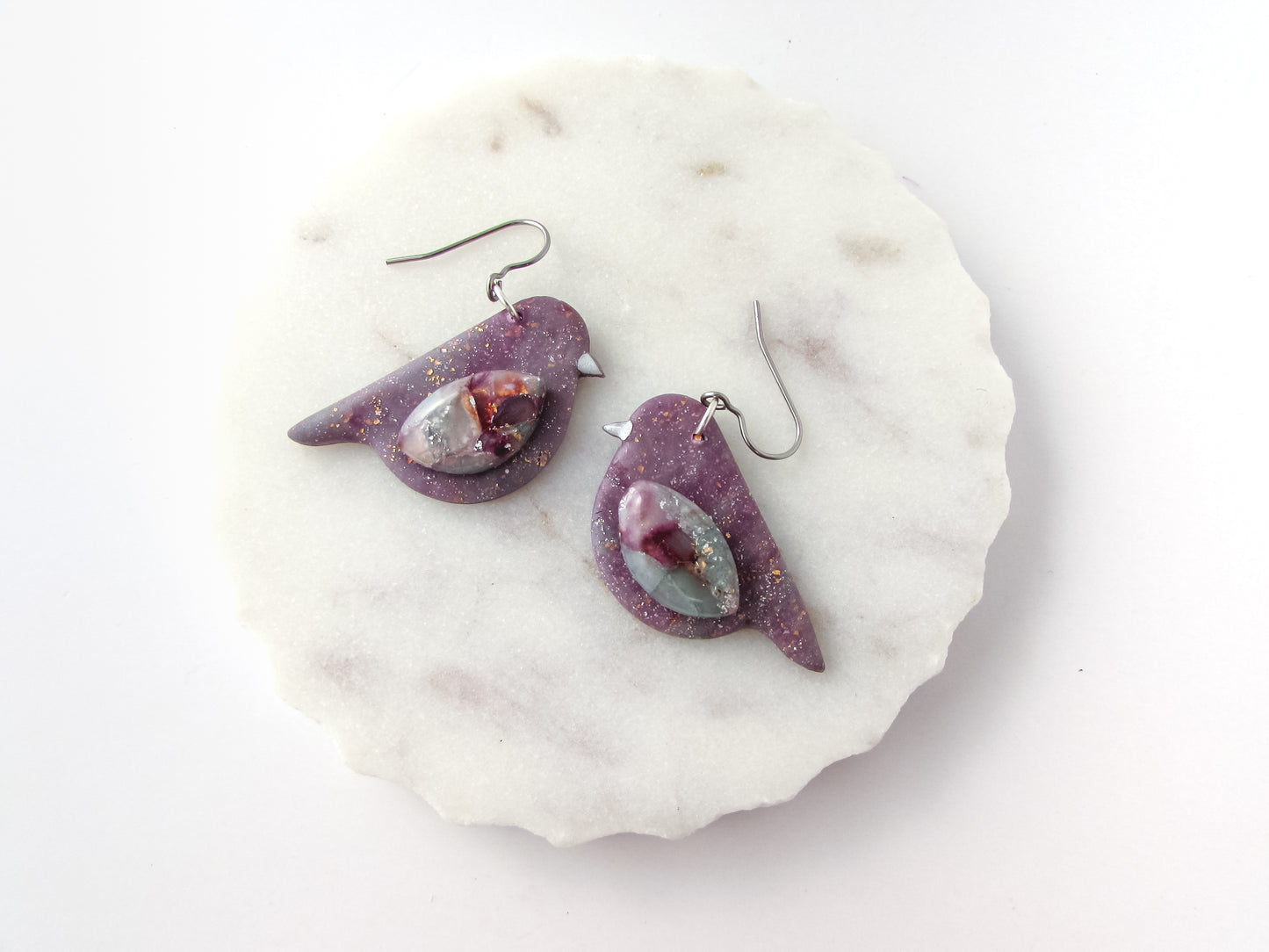 Song Birds - April Lilac Quartz and Shimmer Polymer Clay Earrings