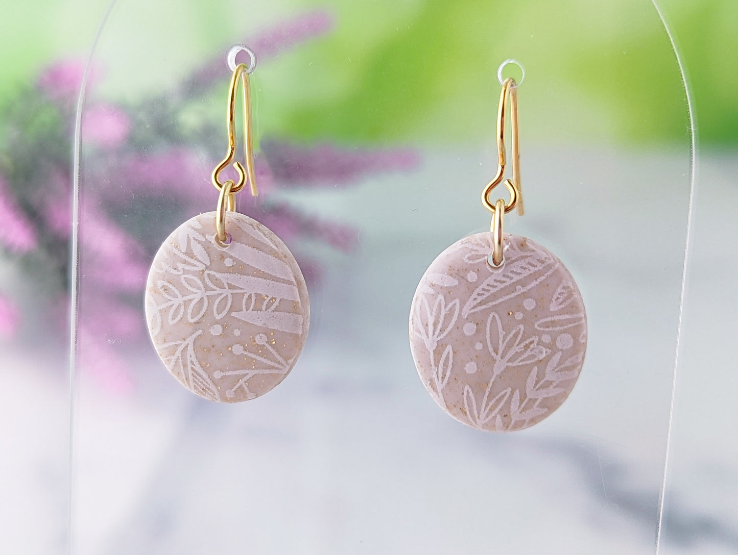 Little Floral Print Ovals - White & Ivory Shimmer Polymer Clay Earrings