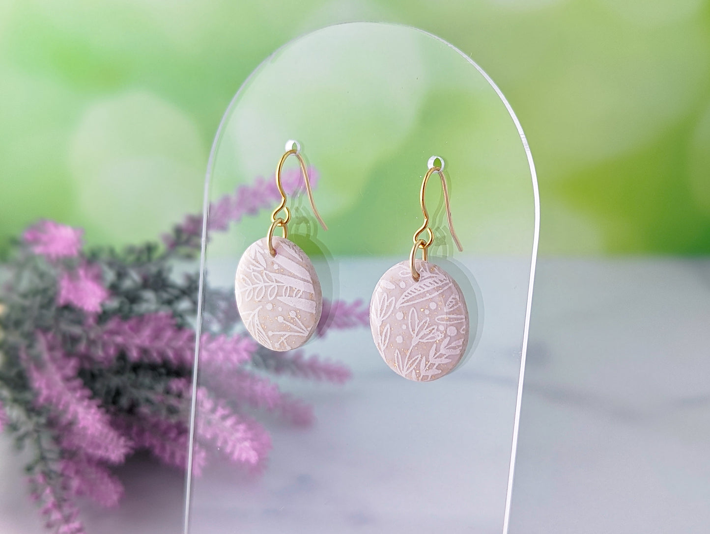 Little Floral Print Ovals - White & Ivory Shimmer Polymer Clay Earrings