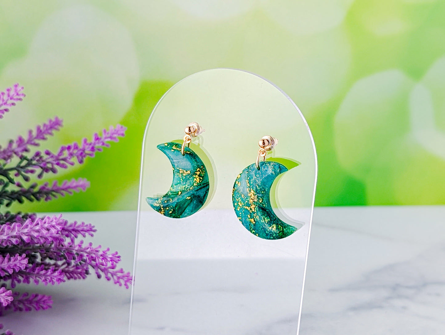 Moons - Emerald Green Marble Swirl Polymer Clay Earrings