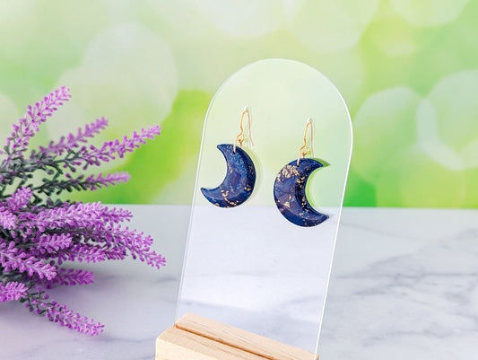 Moons - Dark Blue Marble Swirl Polymer Clay Earrings