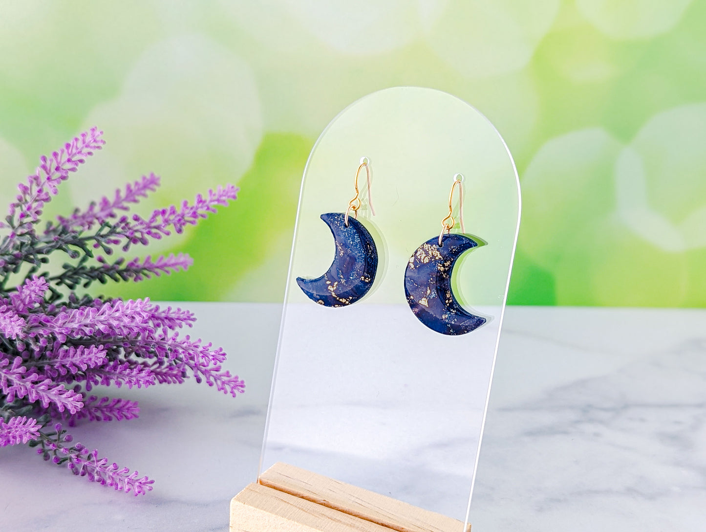 Moons - Dark Blue Marble Swirl Polymer Clay Earrings