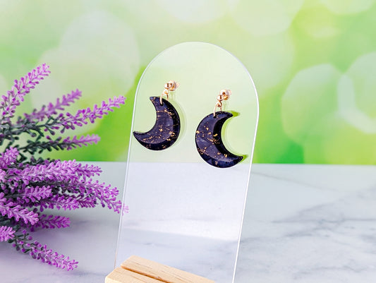 Moons - Black & Gold Marble Swirl Polymer Clay Earrings