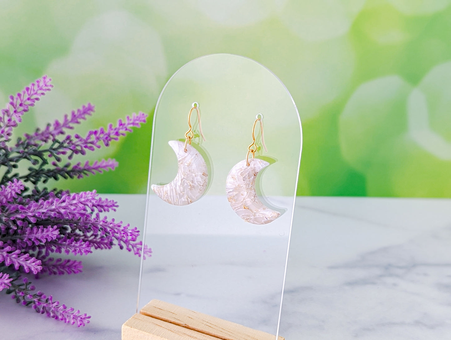 Moons - White & Ivory Marble Swirl Polymer Clay Earrings