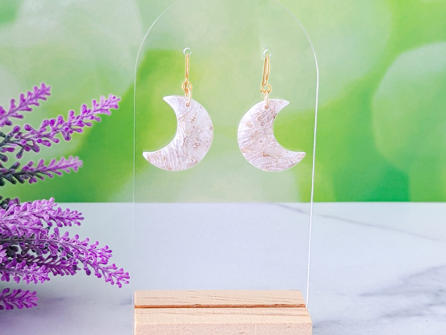 Moons - White & Ivory Marble Swirl Polymer Clay Earrings