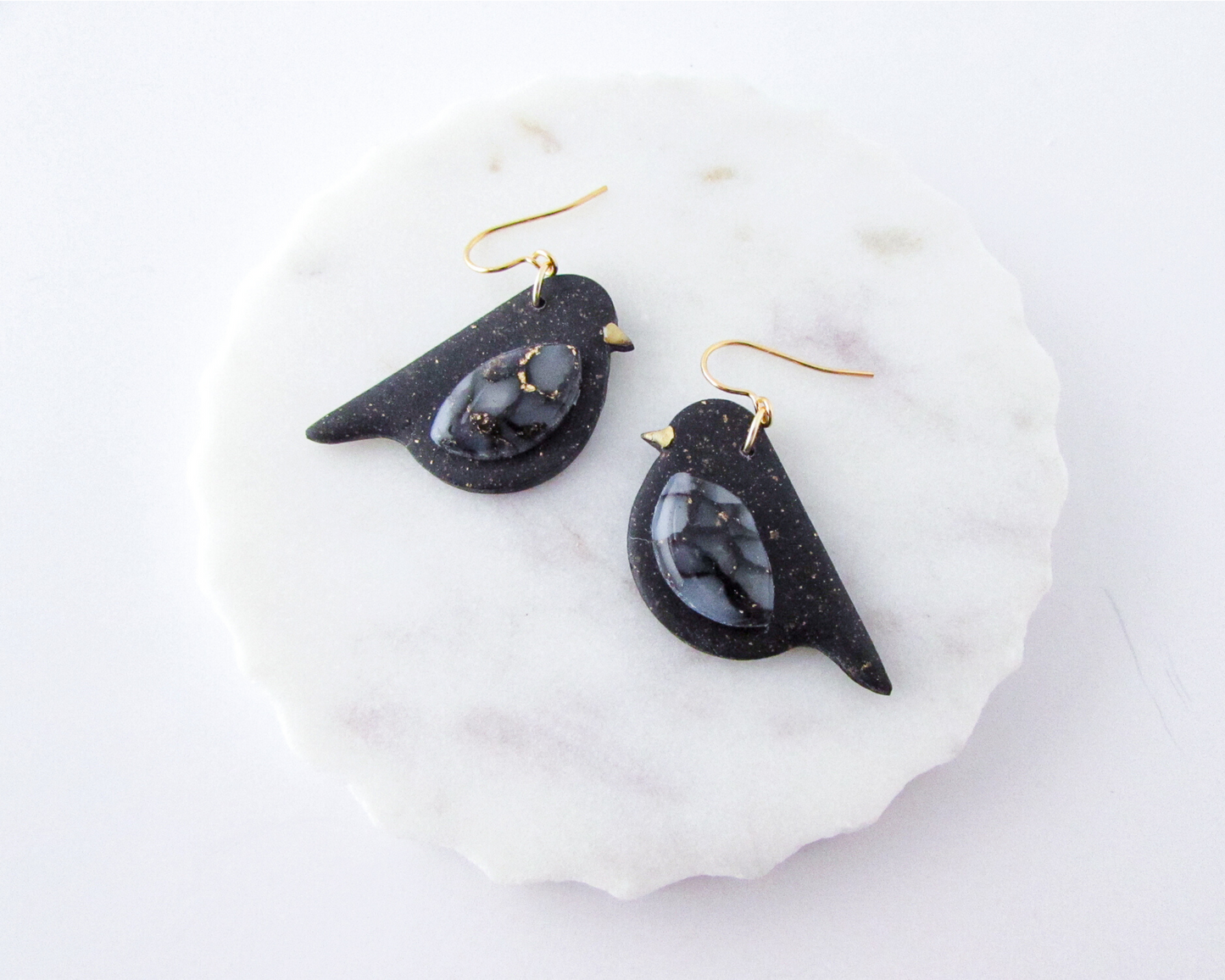 Song Birds - Black & Gold Marble and Shimmer Polymer Clay Earrings