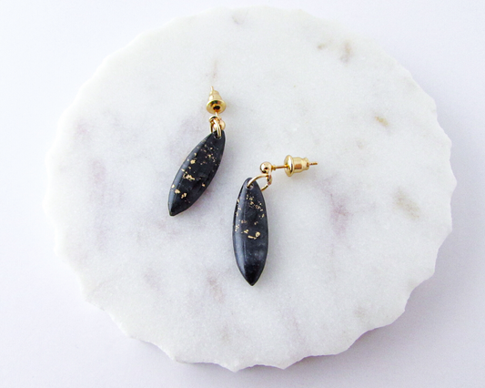 Tiny Dangles - Black Marble Swirl Polymer Clay Earrings