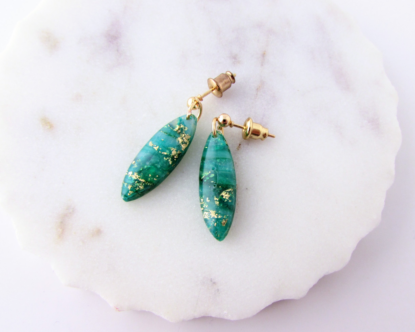 Tiny Dangles - Emerald Green Quartz Swirl Polymer Clay Earrings