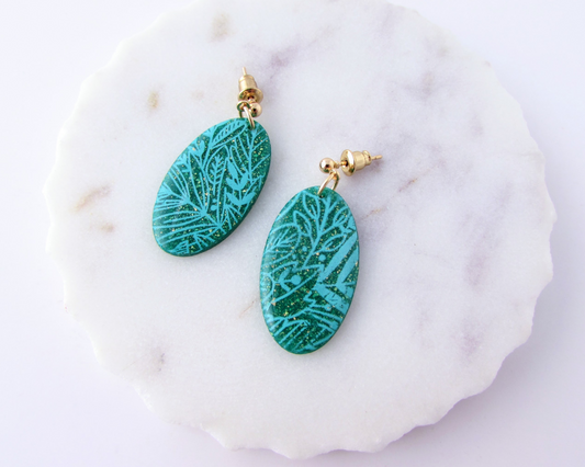 Floral Print Ovals - Emerald Green Shimmer Polymer Clay Earrings