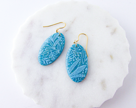 Floral Print Ovals - Aqua Blue Shimmer Polymer Clay Earrings