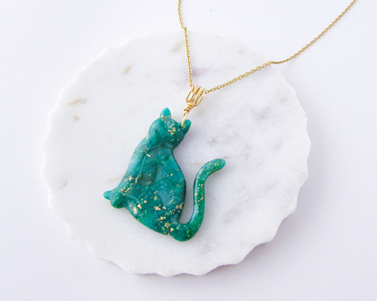 Cat Pendant Necklace in Emerald Green Quartz Swirl Polymer Clay