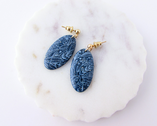 Floral Print Ovals - Dark Blue Shimmer Polymer Clay Earrings