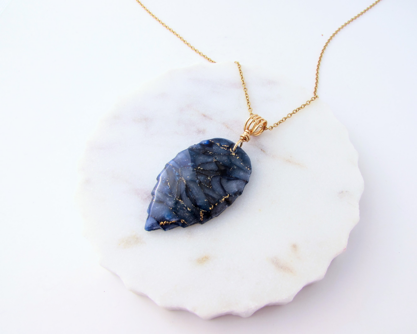 Leaf Pendant - Dark Blue Quartz Clay Necklace