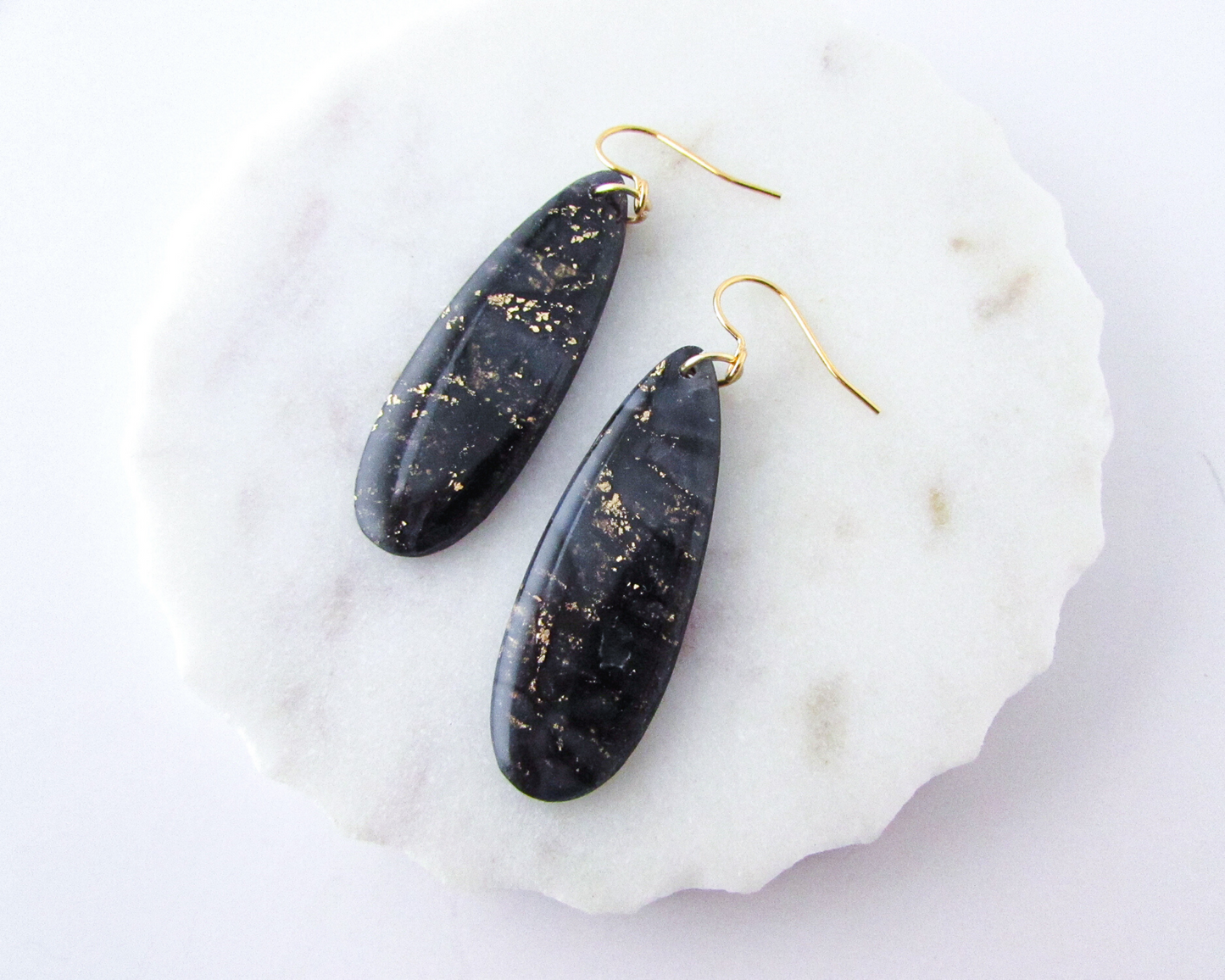 Simple Oval Dangles - Black & Gold Marble Swirl Polymer Clay Earrings