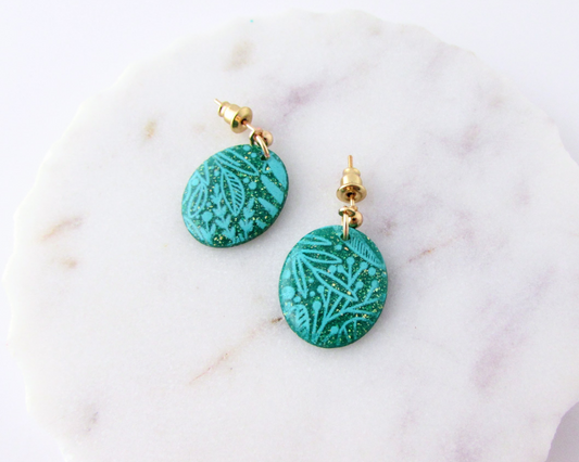 Little Floral Print Ovals - Emerald Green Shimmer Polymer Clay Earrings