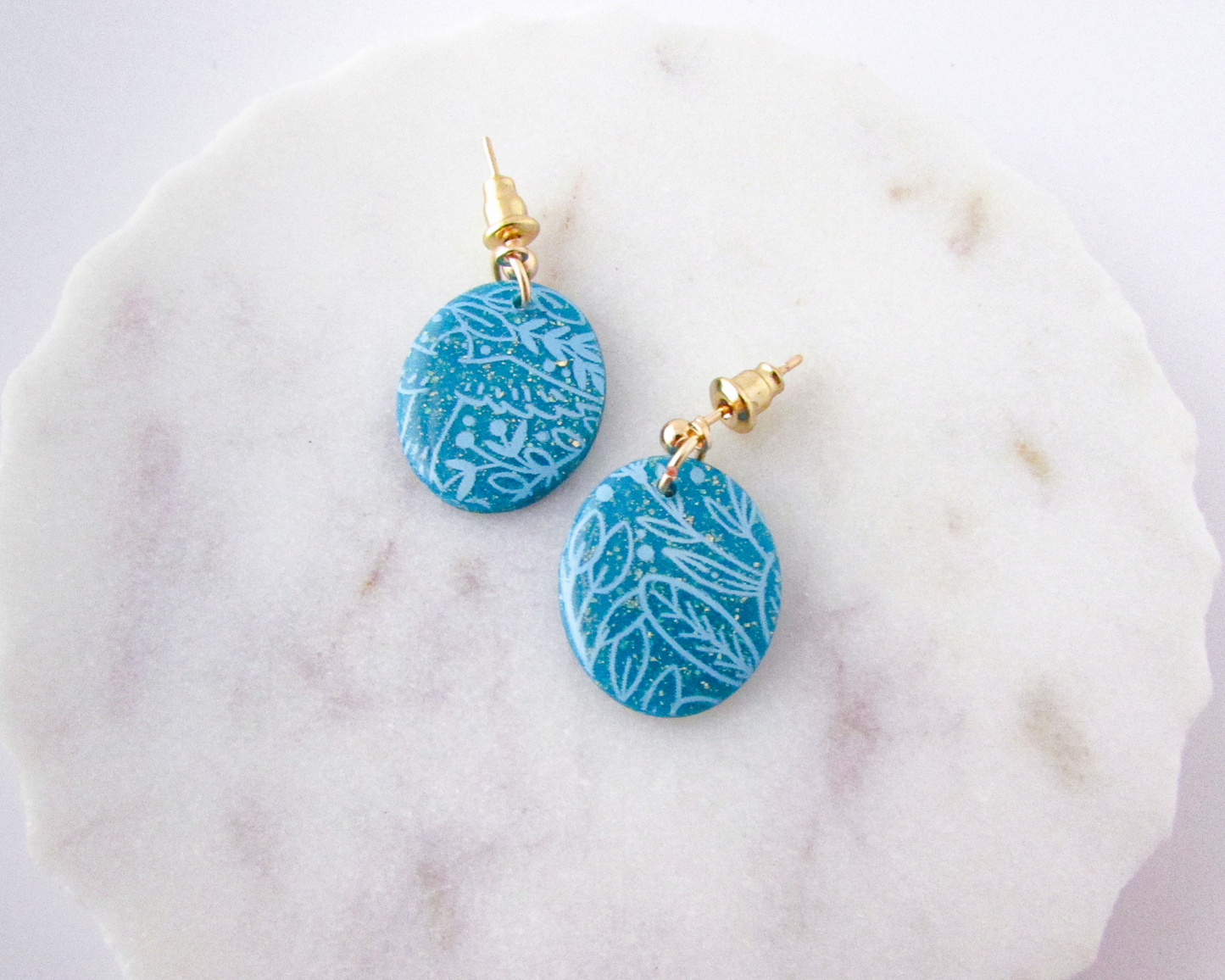 Little Floral Print Ovals - Aqua Blue Shimmer Polymer Clay Earrings