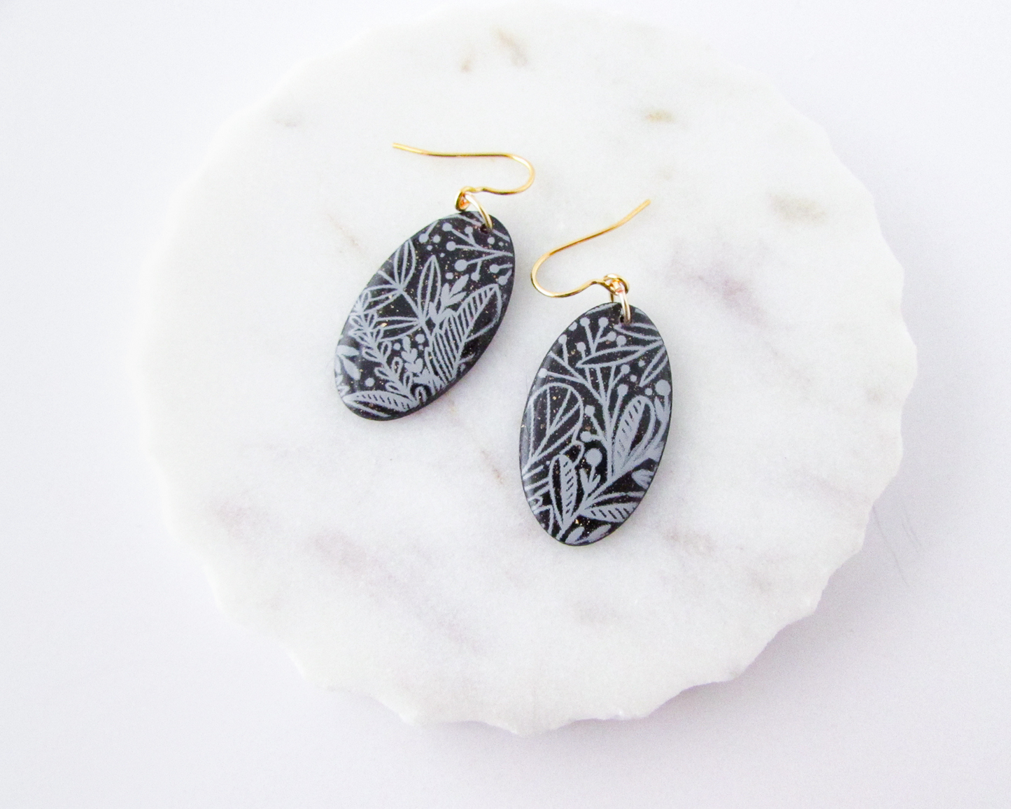 Floral Print Ovals - Black Shimmer Polymer Clay Earrings