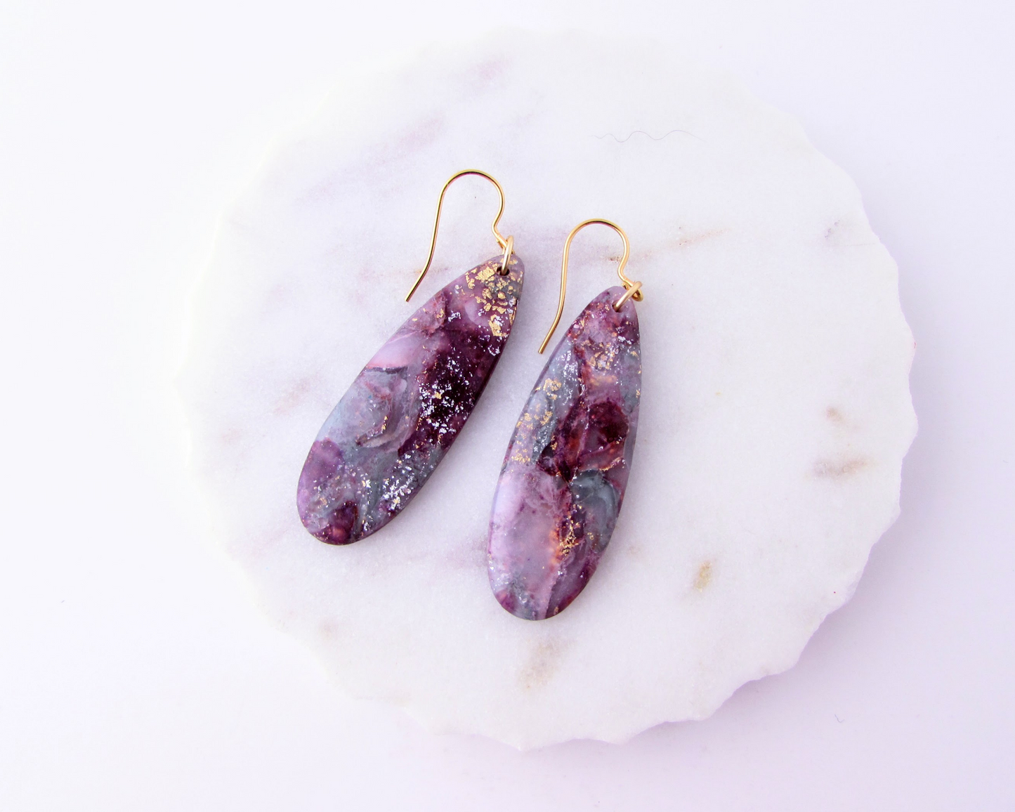 Simple Oval Dangles - April Lilac Quartz Swirl Polymer Clay Earrings