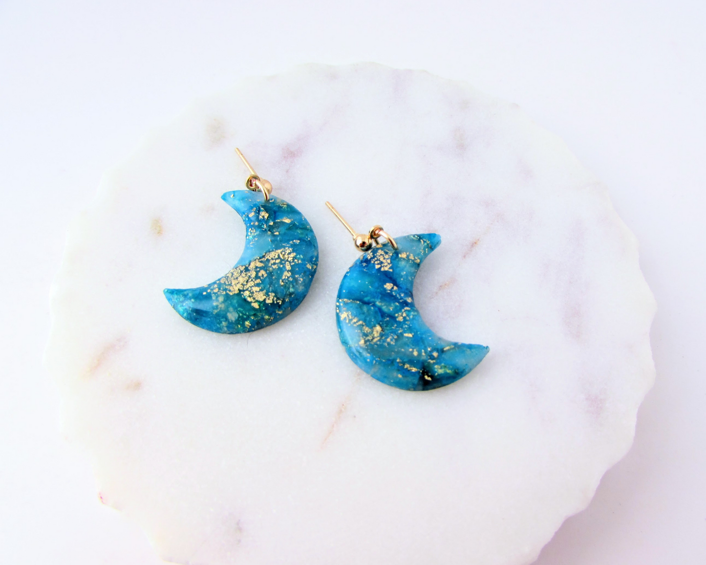 Moons - Aqua Blue Marble Swirl Polymer Clay Earrings