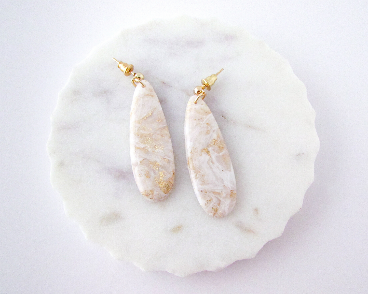 Simple Oval Dangles - White & Ivory Marble Swirl Polymer Clay Earrings