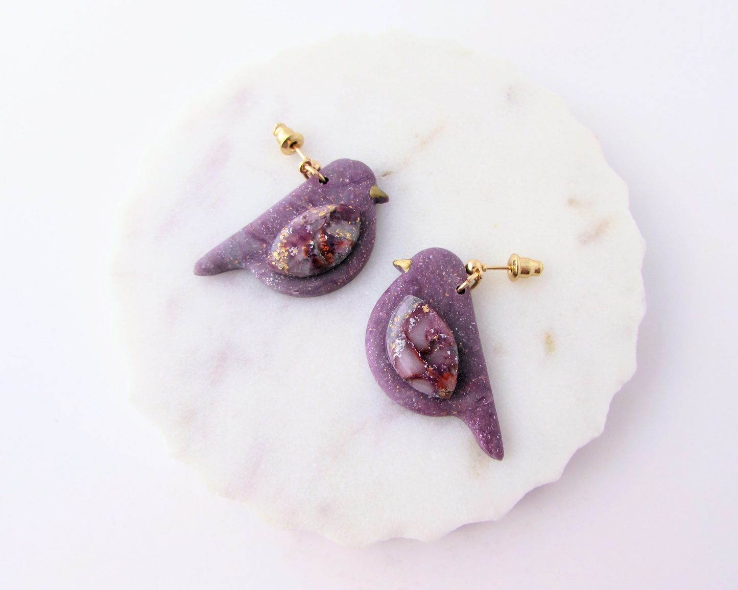 Song Birds - April Lilac Quartz and Shimmer Polymer Clay Earrings