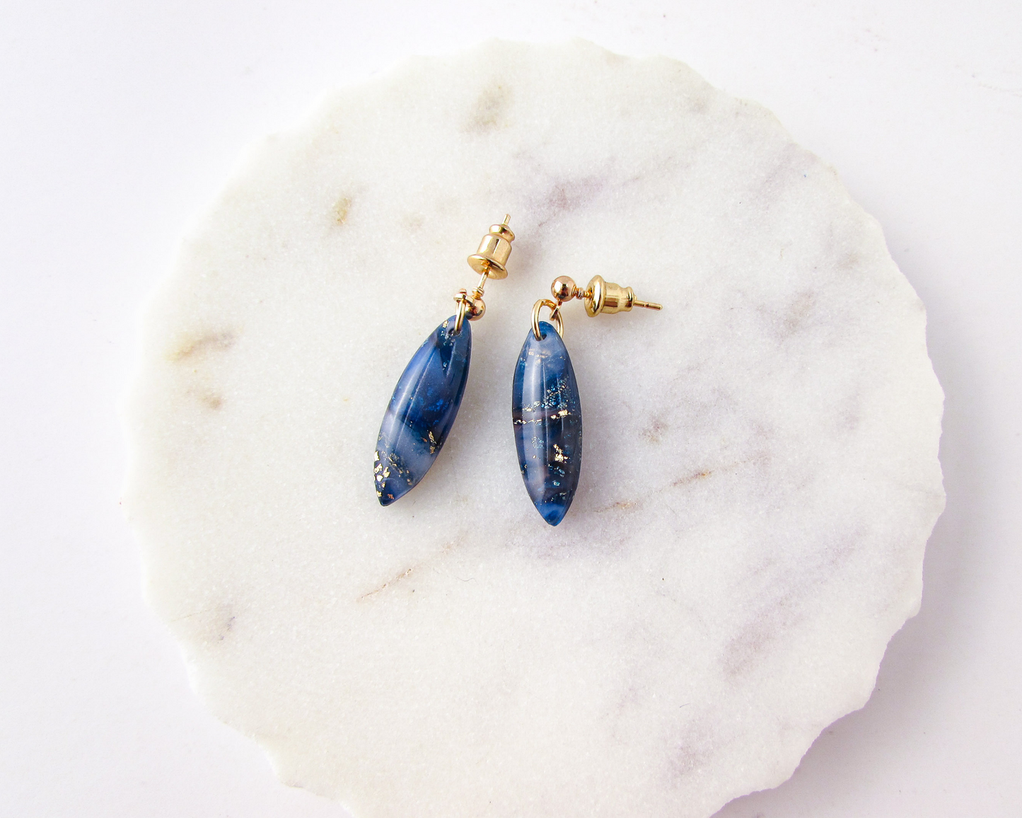 Tiny Dangles - Dark Blue Quartz Swirl Polymer Clay Earrings