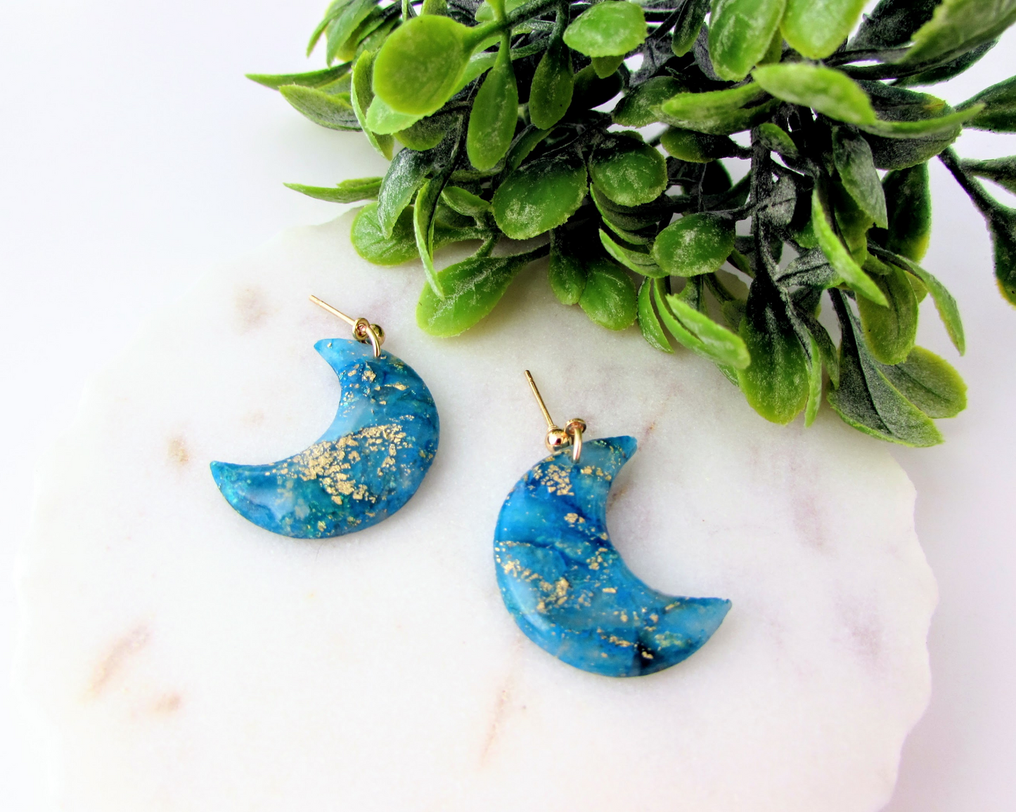 Moons - Aqua Blue Marble Swirl Polymer Clay Earrings