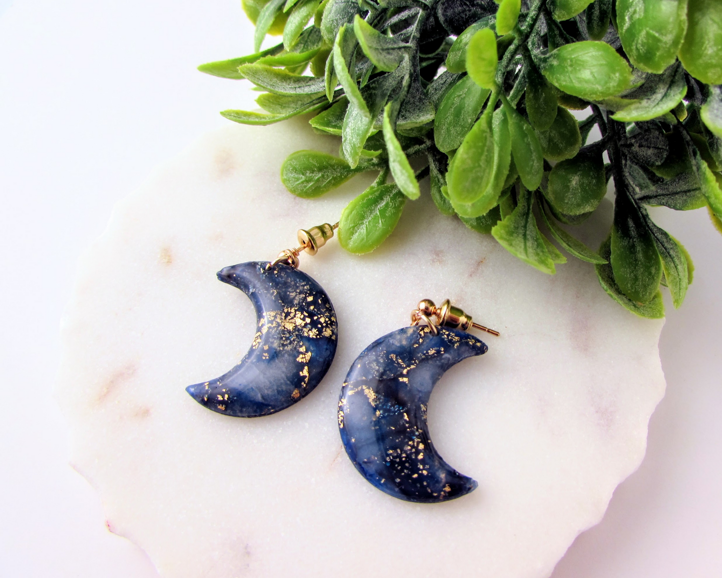 Moons - Dark Blue Marble Swirl Polymer Clay Earrings