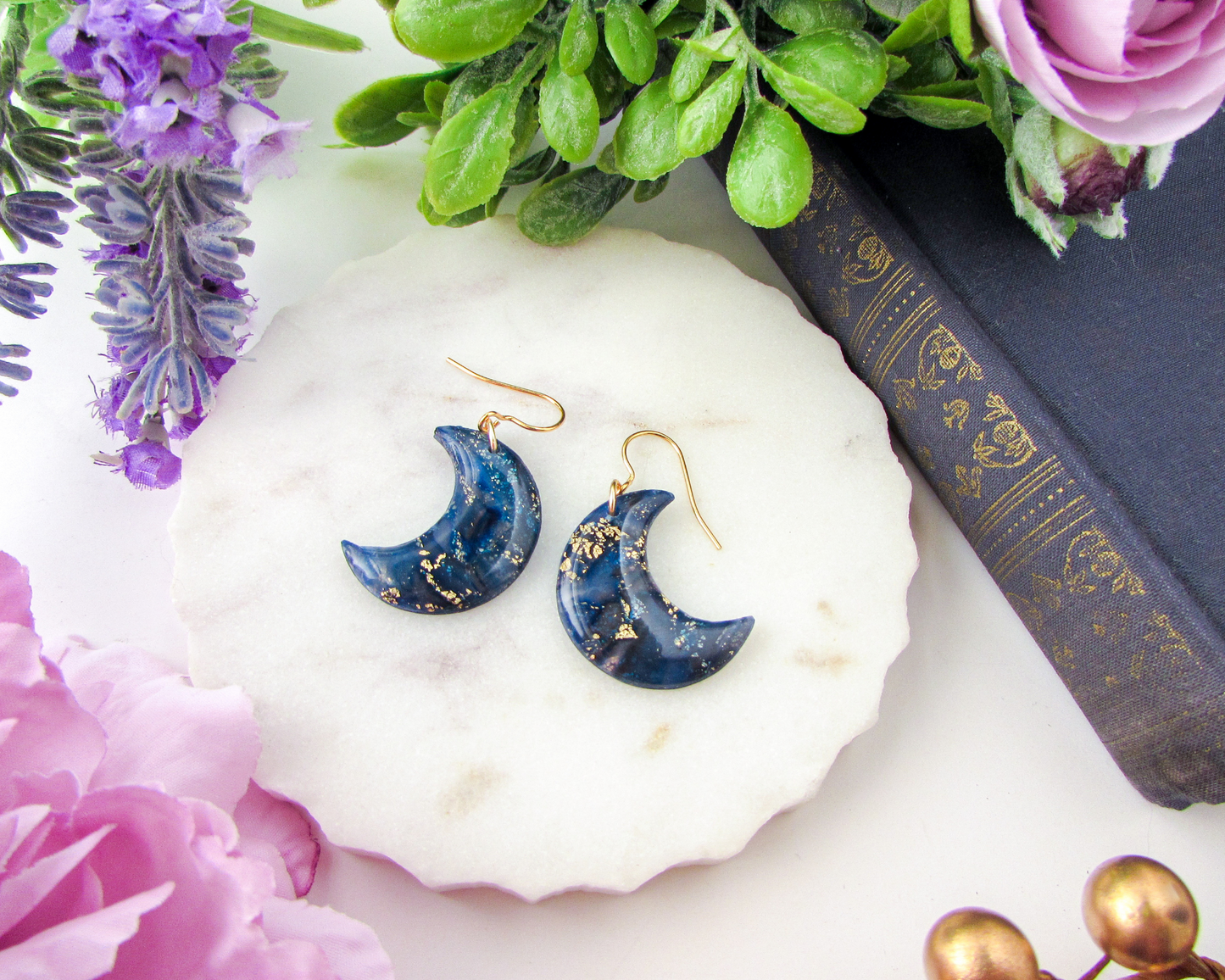 Moons - Dark Blue Marble Swirl Polymer Clay Earrings