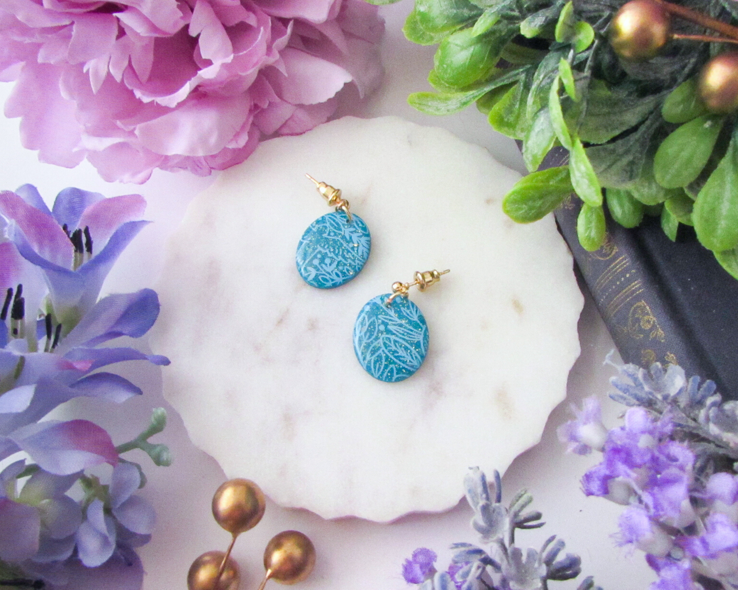 Little Floral Print Ovals - Aqua Blue Shimmer Polymer Clay Earrings