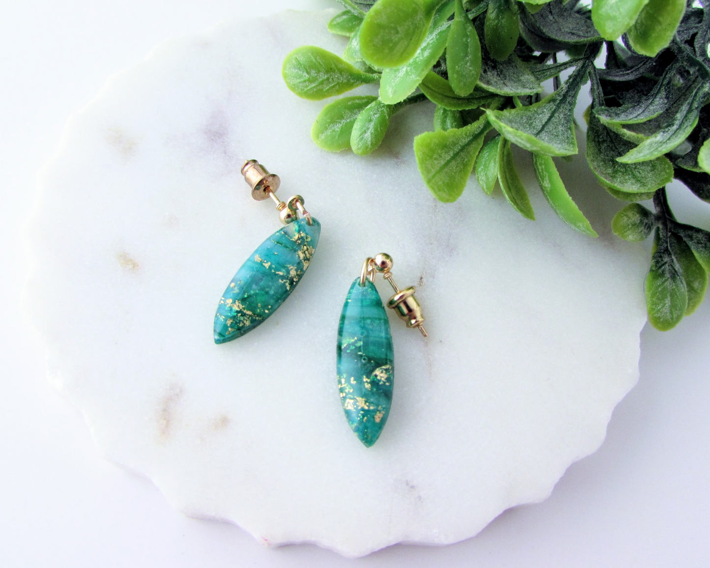 Tiny Dangles - Emerald Green Quartz Swirl Polymer Clay Earrings