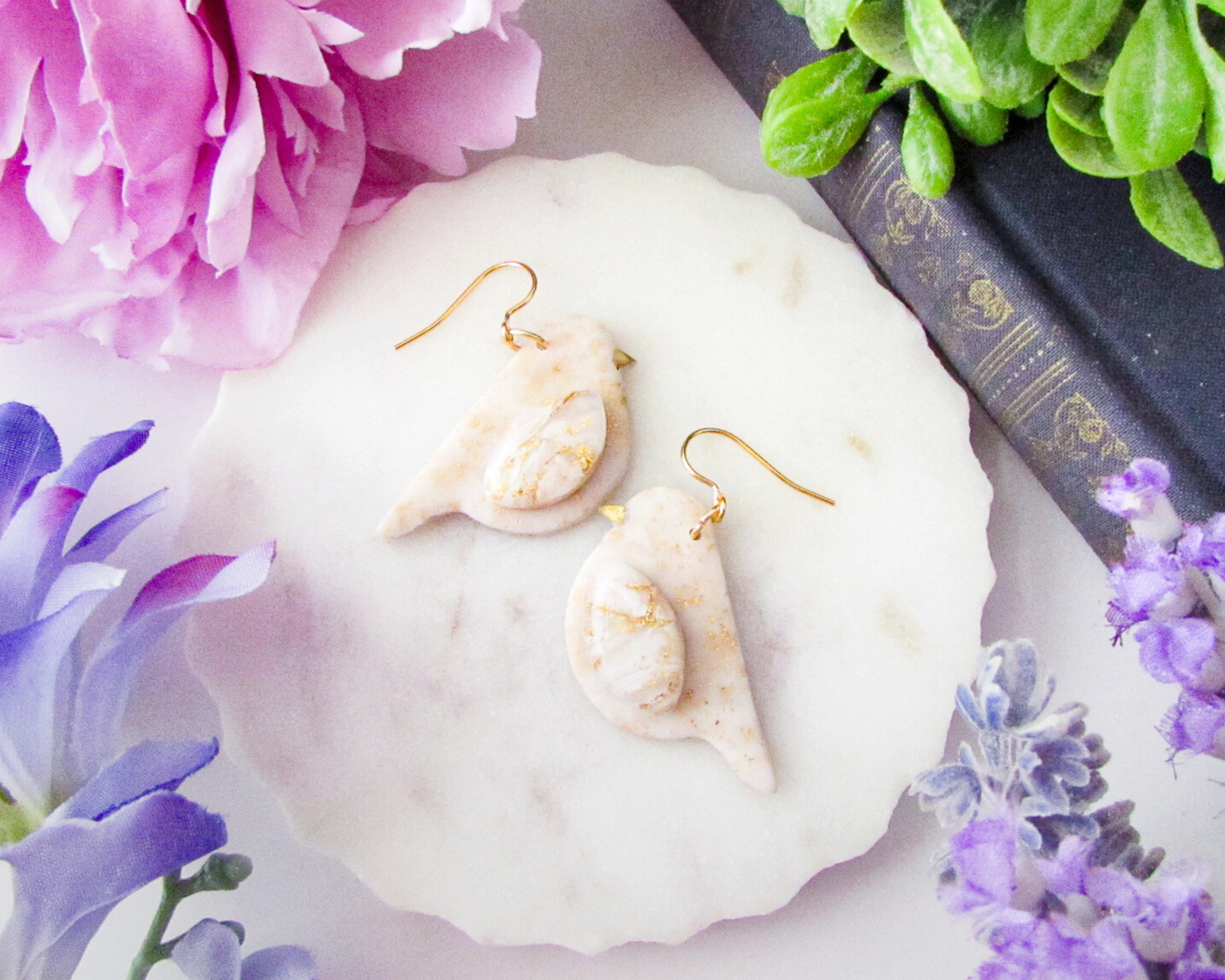 Song Birds - White & Ivory Marble and Shimmer Polymer Clay Earrings