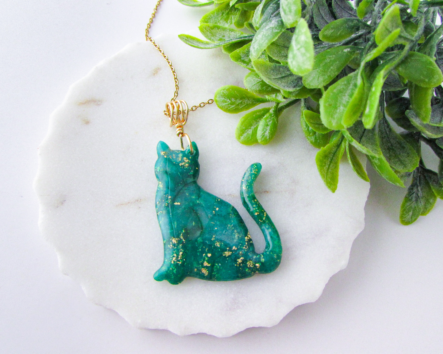 Cat Pendant Necklace in Emerald Green Quartz Swirl Polymer Clay