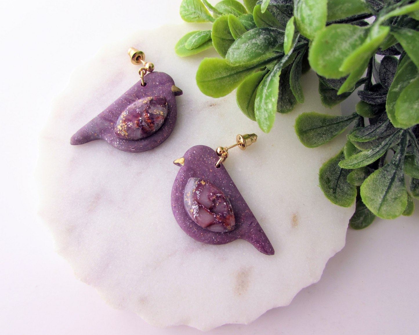 Song Birds - April Lilac Quartz and Shimmer Polymer Clay Earrings