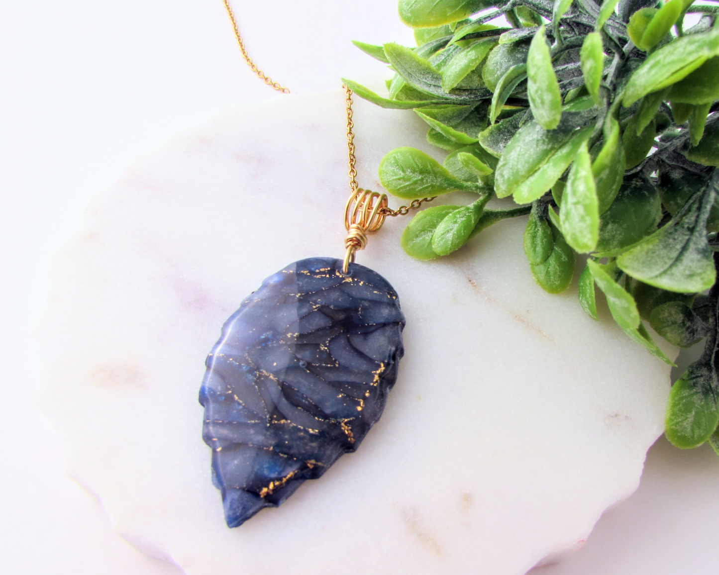 Leaf Pendant - Dark Blue Quartz Clay Necklace