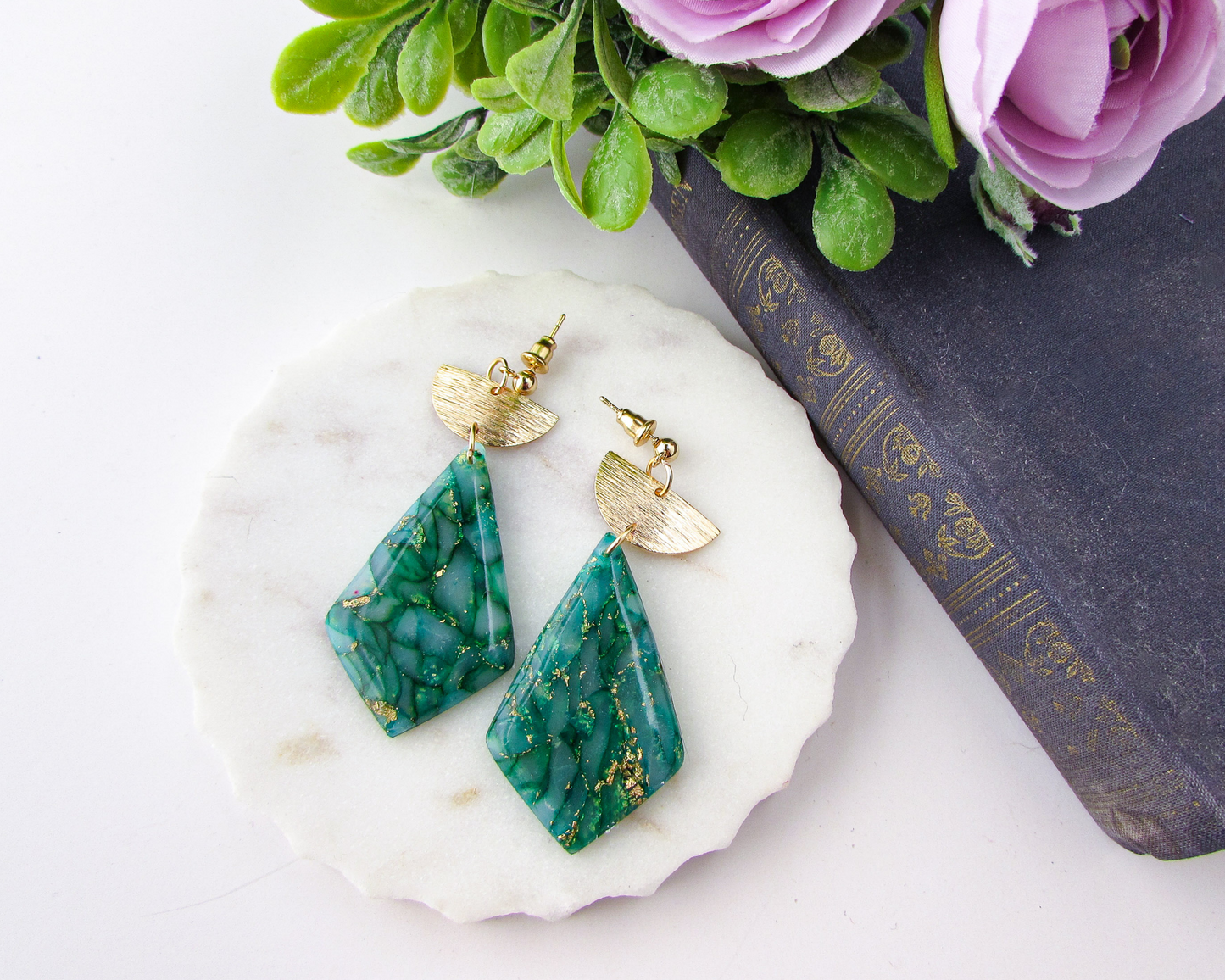 The Adelaine - Emerald Green Marble Polymer Clay Earrings