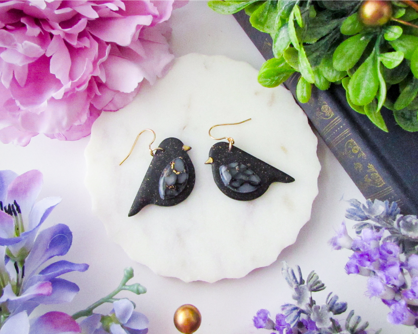 Song Birds - Black & Gold Marble and Shimmer Polymer Clay Earrings