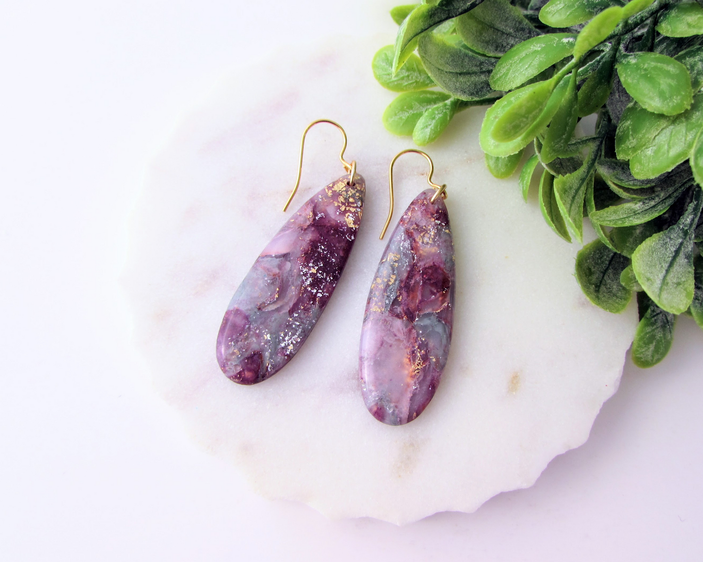 Simple Oval Dangles - April Lilac Quartz Swirl Polymer Clay Earrings