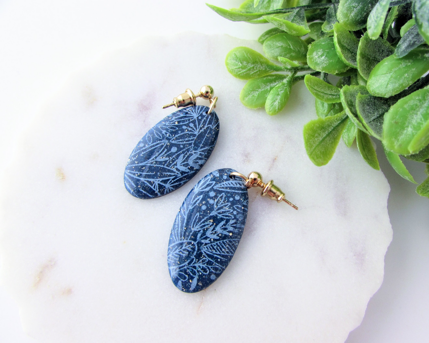 Floral Print Ovals - Dark Blue Shimmer Polymer Clay Earrings