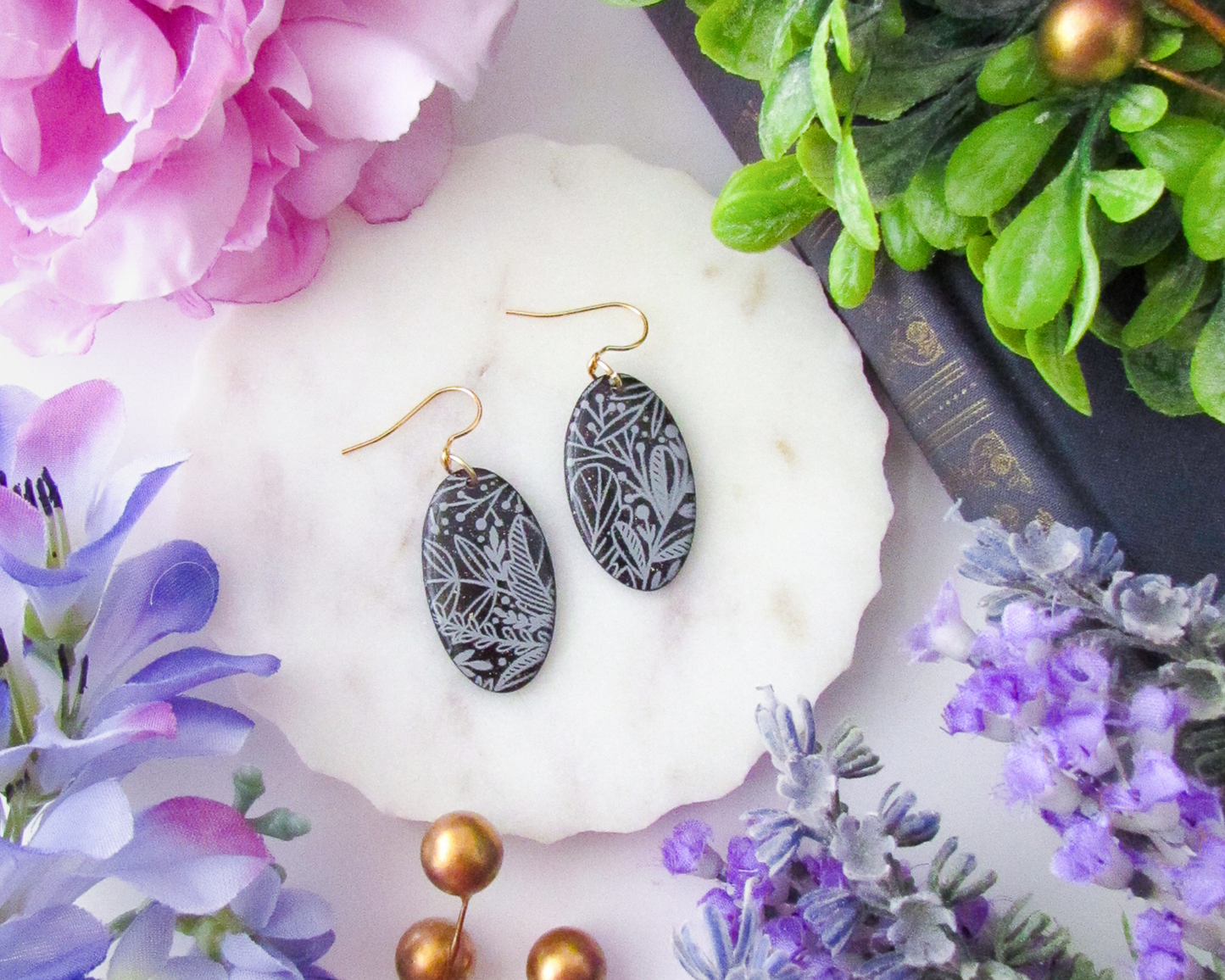 Floral Print Ovals - Black Shimmer Polymer Clay Earrings