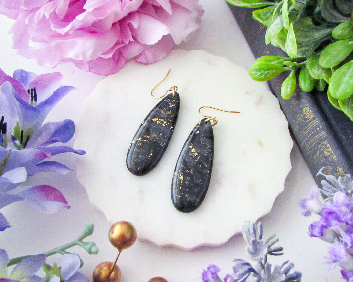 Simple Oval Dangles - Black & Gold Marble Swirl Polymer Clay Earrings