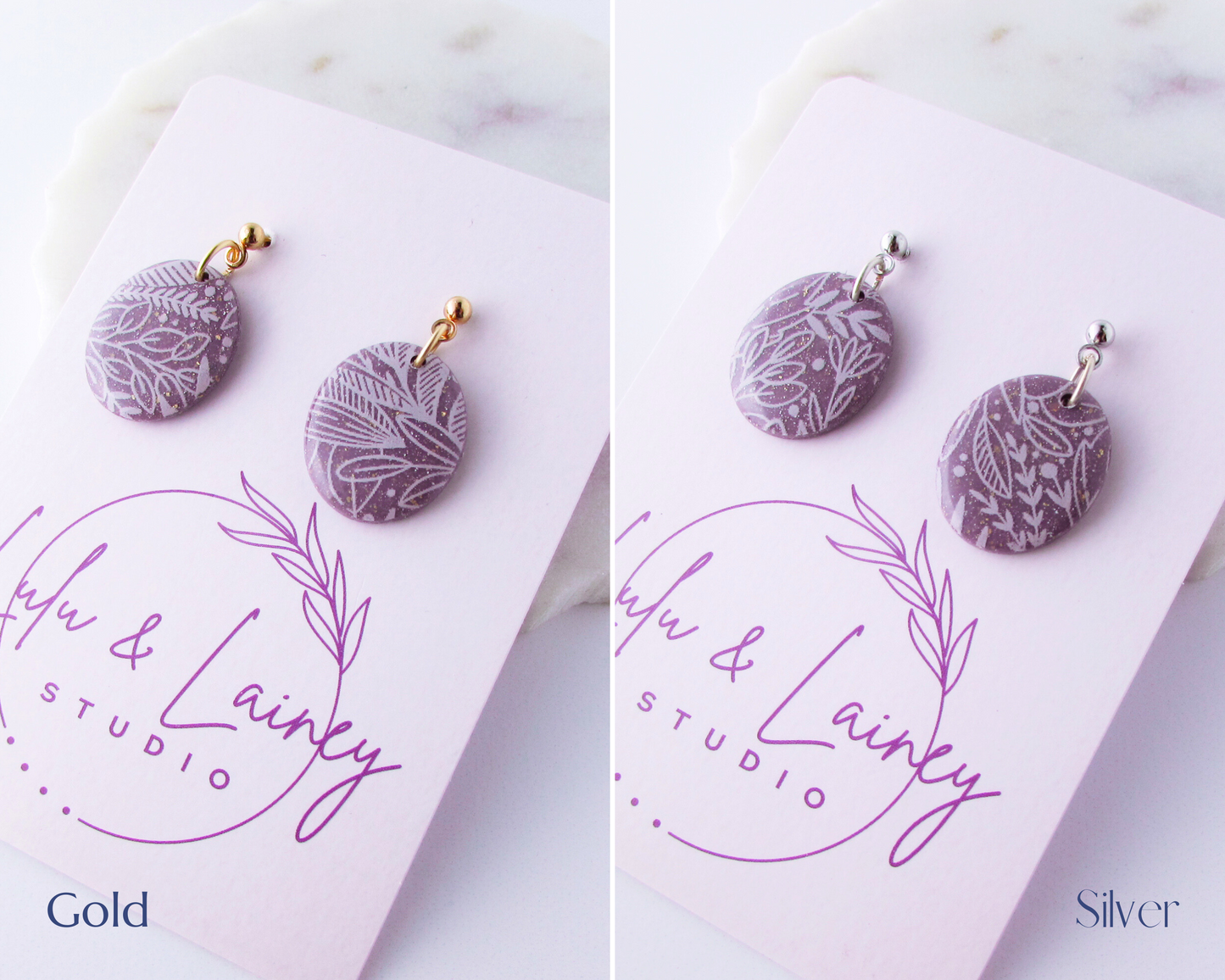 Little Floral Print Ovals - April Lilac Shimmer Polymer Clay Earrings