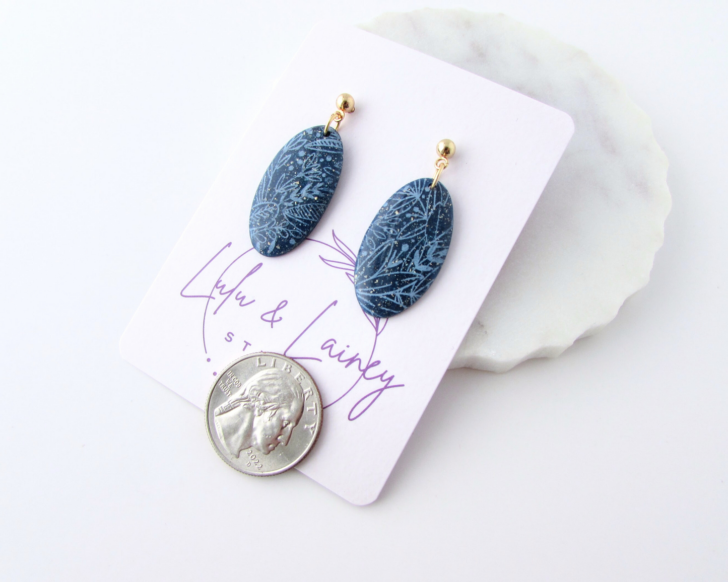 Floral Print Ovals - Dark Blue Shimmer Polymer Clay Earrings